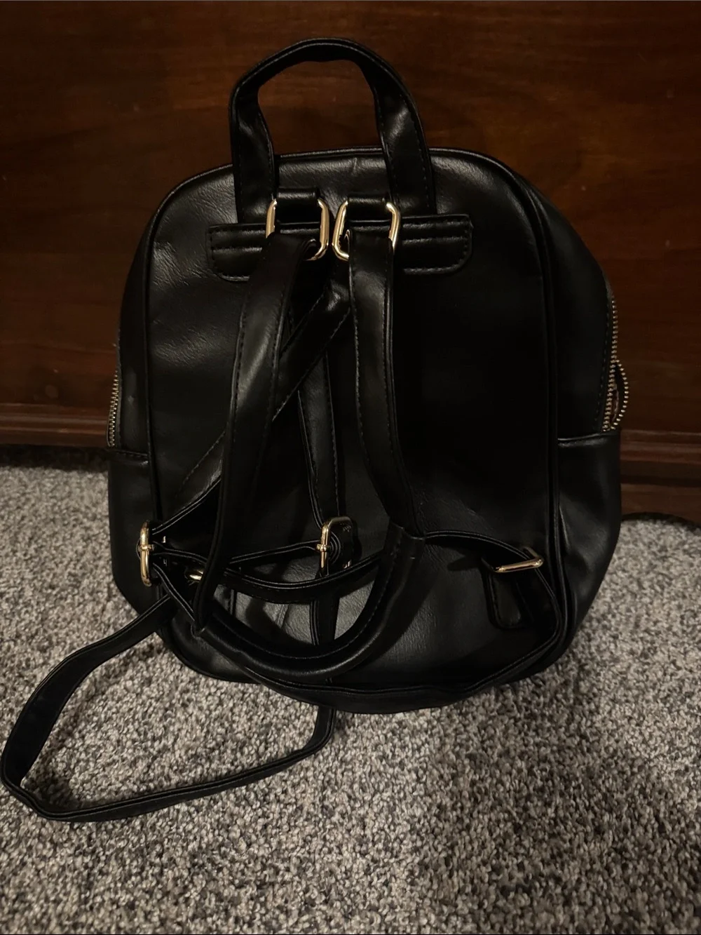 Black Faux Leather Men's Backpack with Gold Hardware